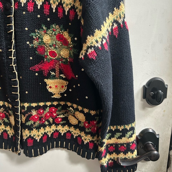 Vintage Tiara beaded Black and Gold Christmas Holiday Cardigan Sz L - Picture 4 of 16